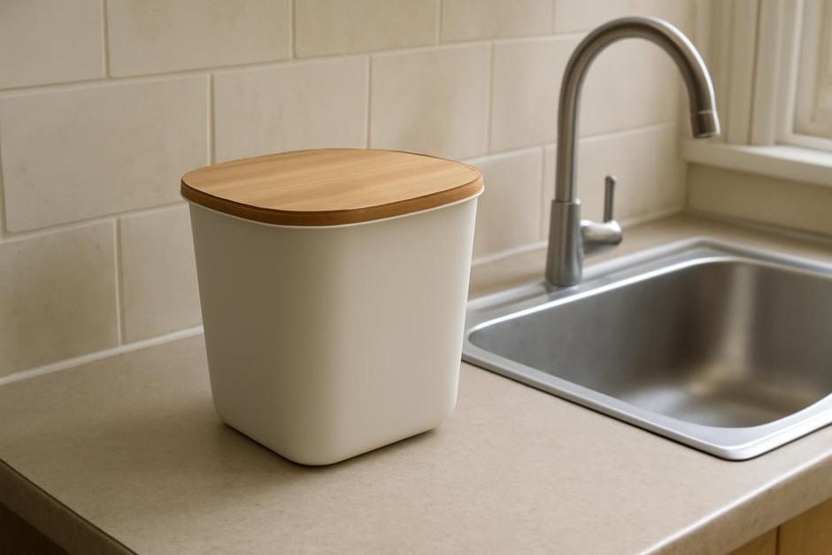 Small countertop compost caddy with a wooden lid next to a sink